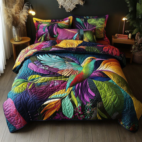 Floral Symphony quilted 3-piece bedding set on a made bed with two matching pillow shams