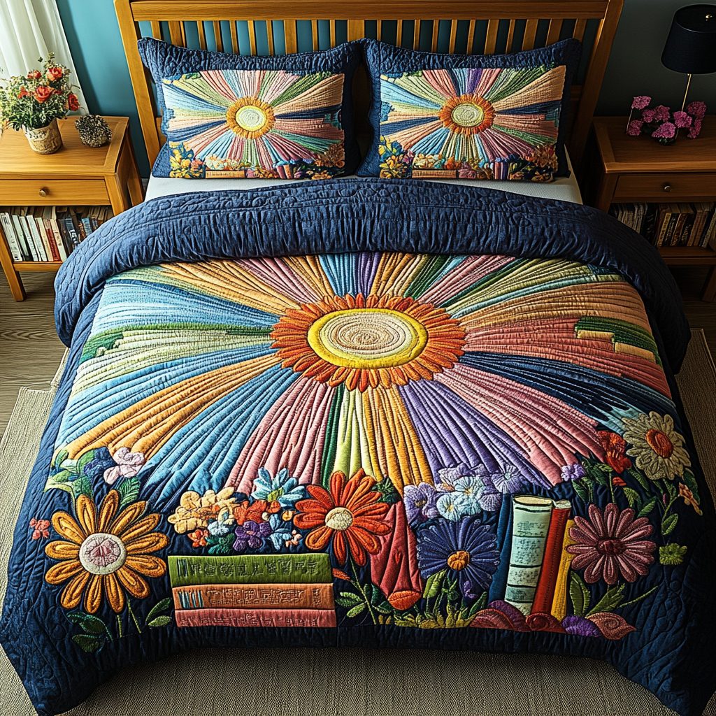 Floral Tales quilted 3-piece bedding set on a made bed with two matching pillow shams