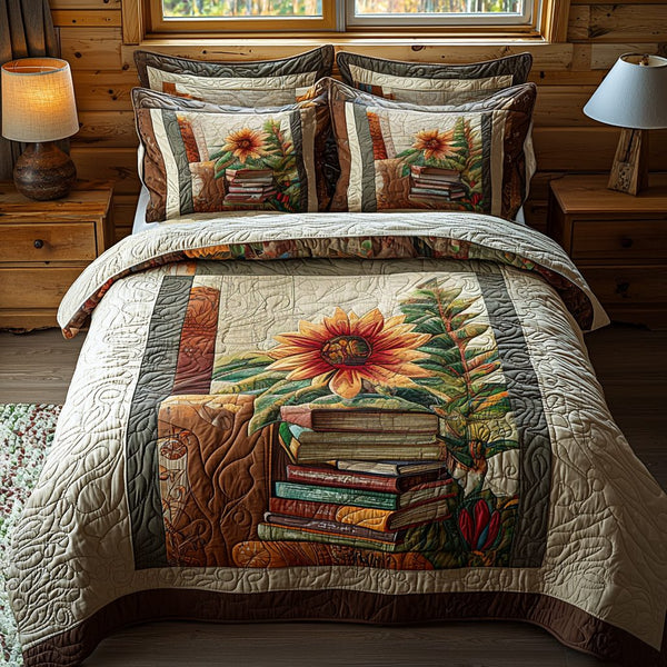 Floral Tales quilted 3-piece bedding set on a made bed with two matching pillow shams