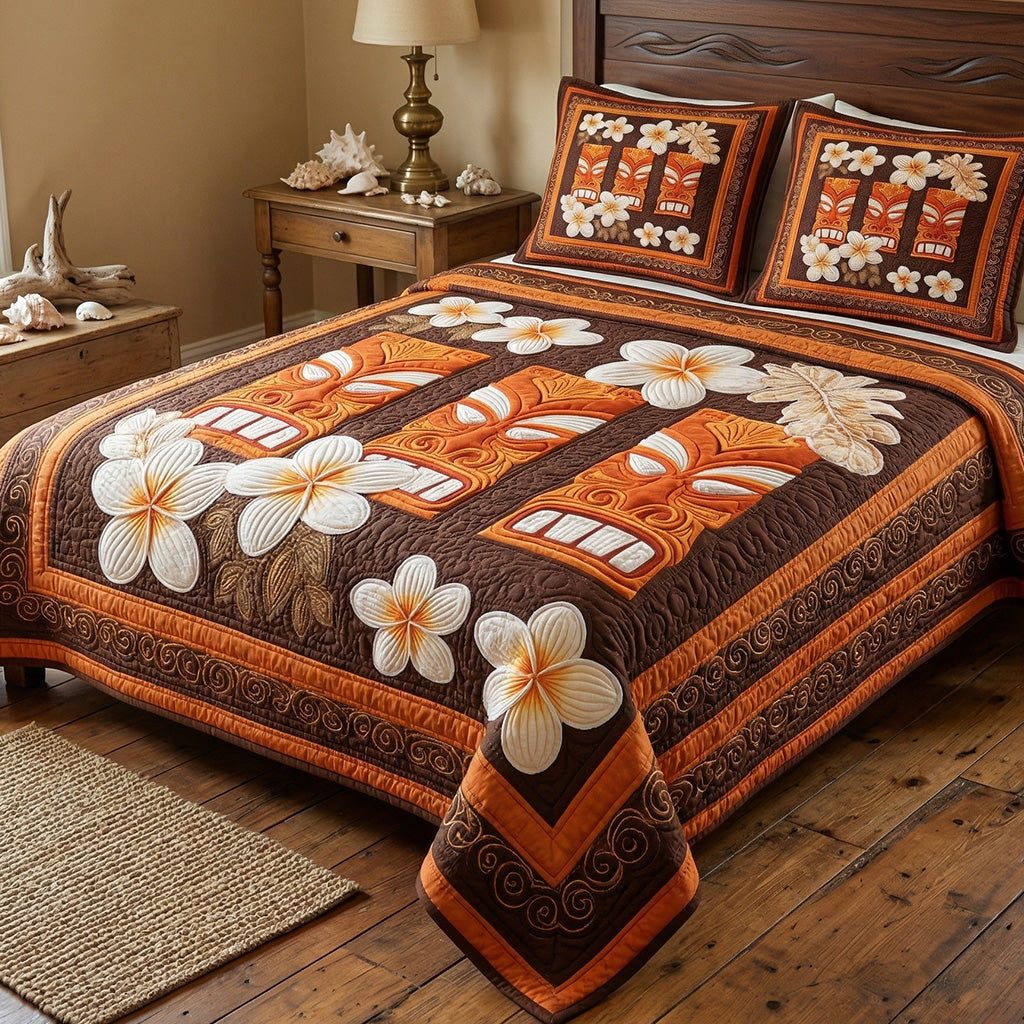 Floral Totem quilted 3-piece bedding set on a made bed with two matching pillow shams