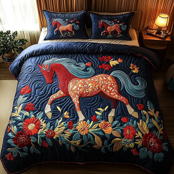 Floral Trot quilted 3-piece bedding set on a made bed with two matching pillow shams