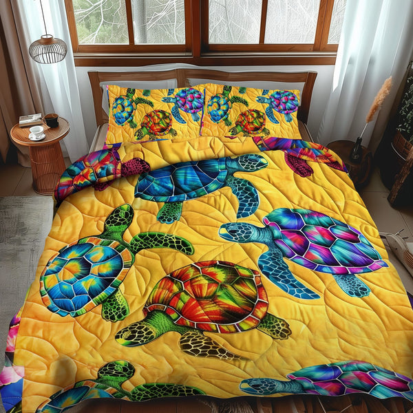 Floral Turtle Paradise quilted 3-piece bedding set on a made bed in a light coastal bedroom