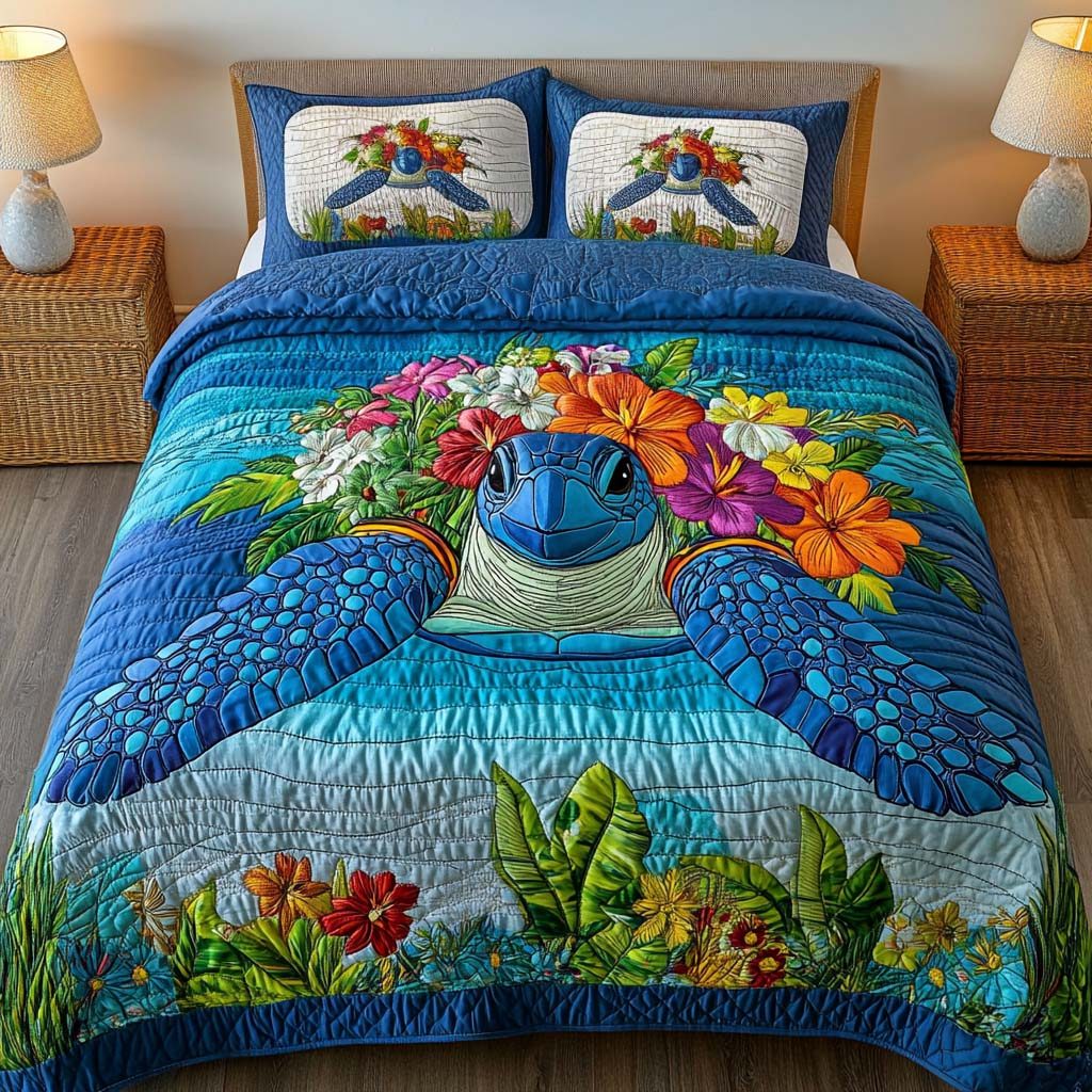 Floral Turtle quilted 3-piece bedding set on a made bed in a light coastal bedroom
