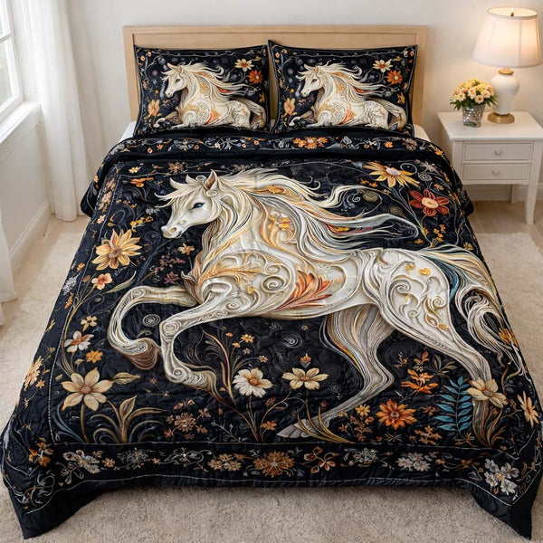 Floral Unicorn quilted 3-piece bedding set on a made bed with two matching pillow shams