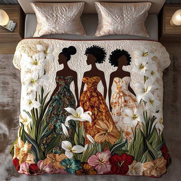 Floral Unity Dance quilted 3-piece bedding set on a made bed with two matching pillow shams