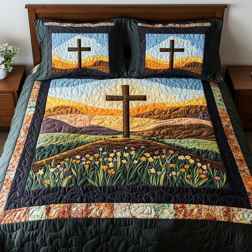 Floral Valley quilted 3-piece bedding set on a made bed with two matching pillow shams