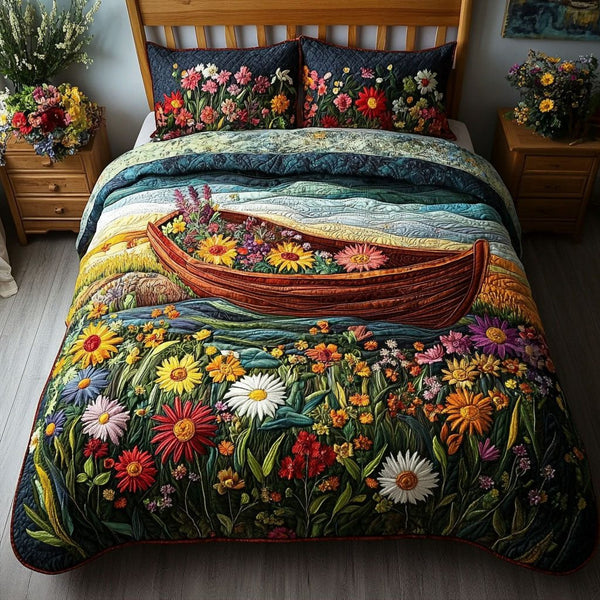 Floral Voyage quilted 3-piece bedding set on a made bed with two matching pillow shams