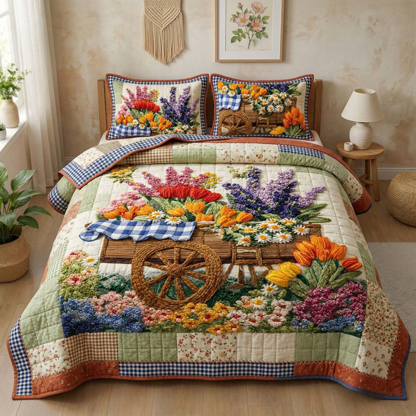 Floral Wagon quilted 3-piece bedding set on a made bed with two matching pillow shams
