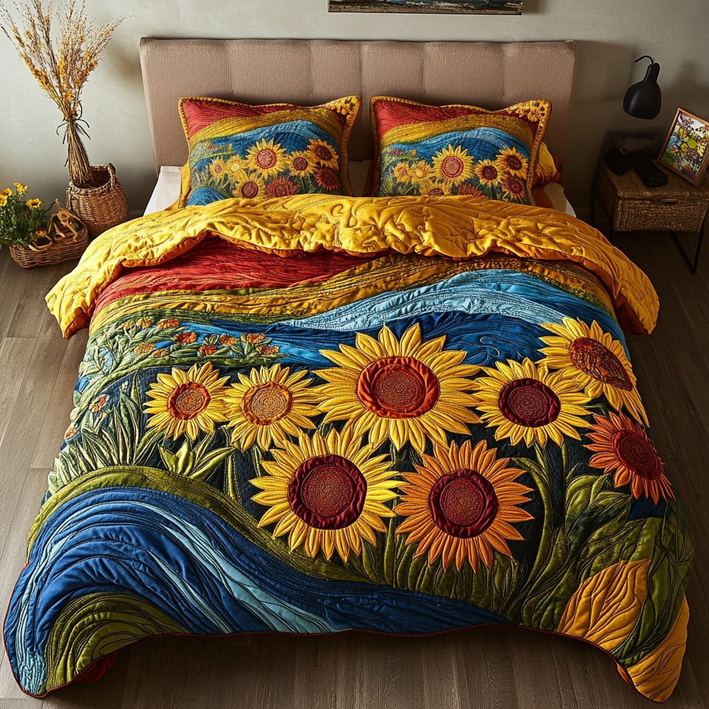 Floral Waves quilted 3-piece bedding set on a made bed in a light coastal bedroom