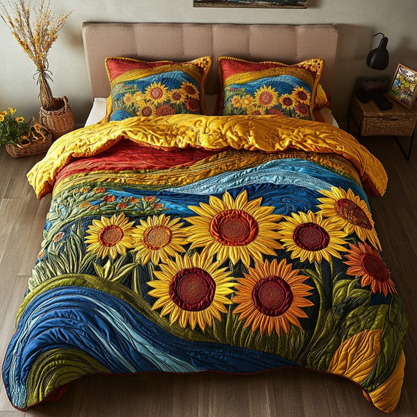Floral Waves quilted 3-piece bedding set on a made bed in a light coastal bedroom