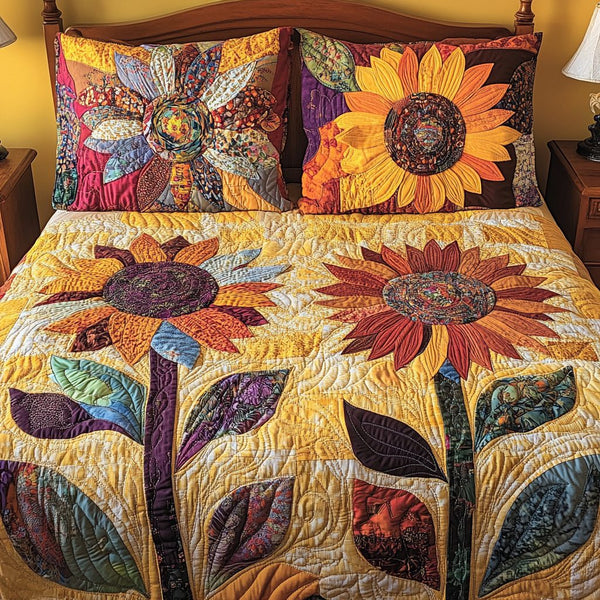 Floral Whimsy quilted 3-piece bedding set on a made bed with two matching pillow shams