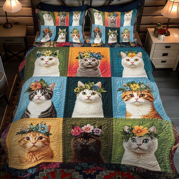 Floral Whiskers quilted 3-piece bedding set on a made bed with two matching pillow shams