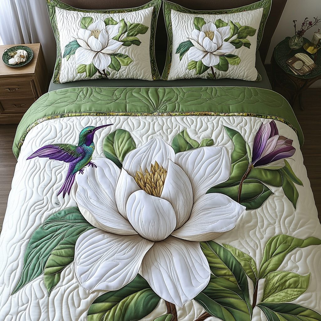 Floral Whisper quilted 3-piece bedding set on a made bed with two matching pillow shams