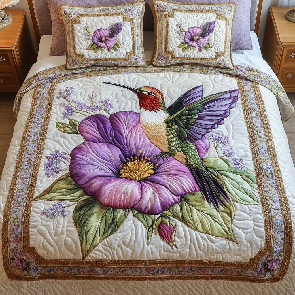 Floral Whispers quilted 3-piece bedding set on a made bed with two matching pillow shams