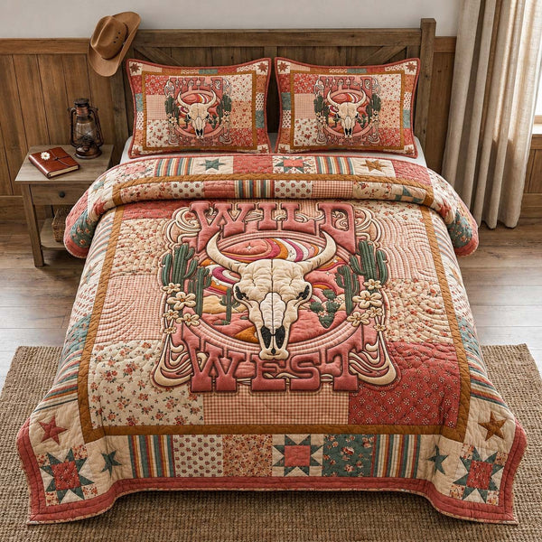 Floral Wild West quilted 3-piece bedding set on a made bed with two matching pillow shams