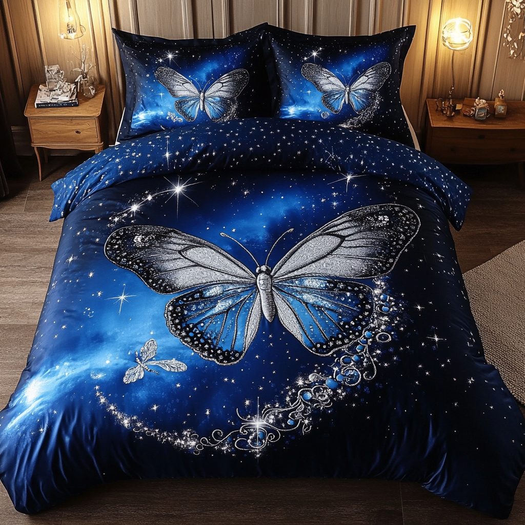 Floral Wings quilted 3-piece bedding set on a made bed with two matching pillow shams