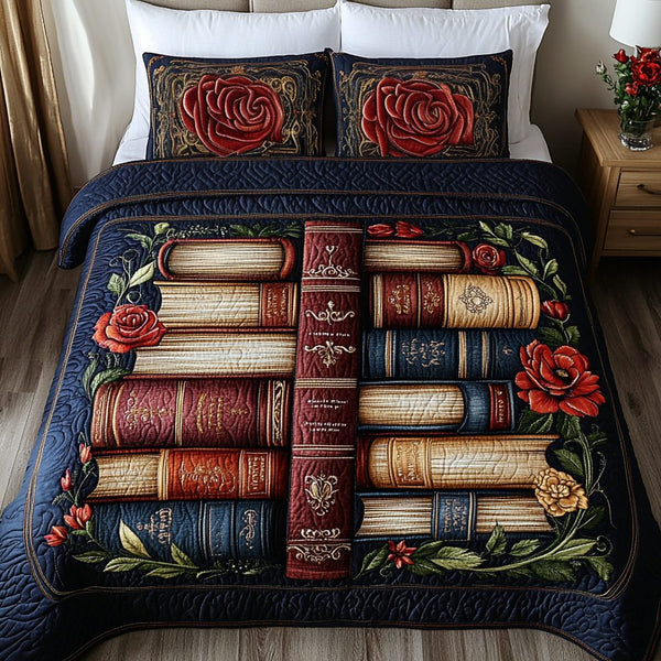 Floral Wisdom quilted 3-piece bedding set on a made bed with two matching pillow shams