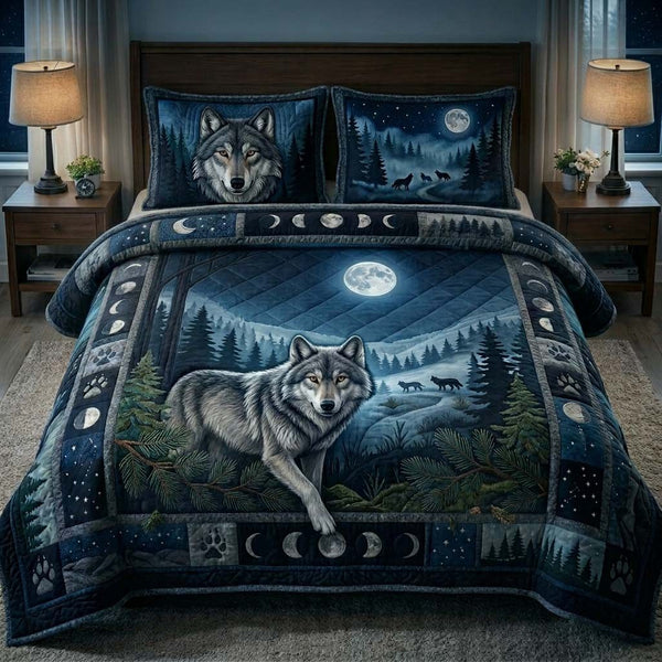 Floral Wolf quilted 3-piece bedding set on a made bed with two matching pillow shams