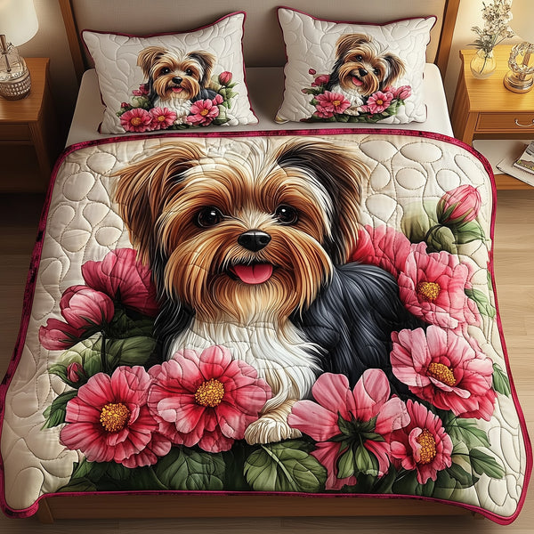 Floral Yorkshire Terrier quilted 3-piece bedding set on a made bed with two matching pillow shams
