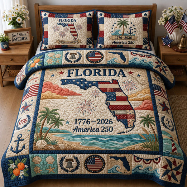 Florida America's 250th Birthday quilted 3-piece bedding set on a made bed in a warmly lit bedroom