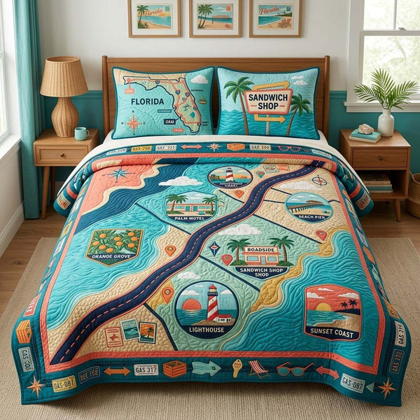 Florida Roadtrip quilted 3-piece bedding set on a made bed with two matching pillow shams