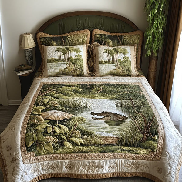 Florida Swamp Gator quilted 3-piece bedding set on a made bed with two matching pillow shams