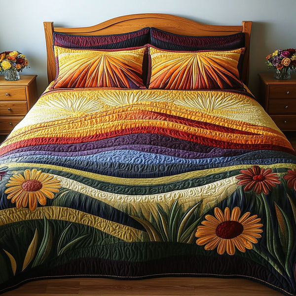 Flourish Fields quilted 3-piece bedding set on a made bed with two matching pillow shams
