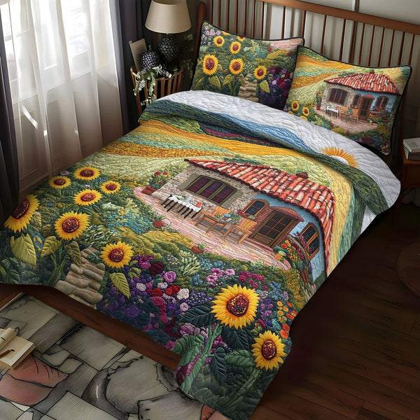 Flourishing Bloomscape quilted 3-piece bedding set on a made bed with two matching pillow shams