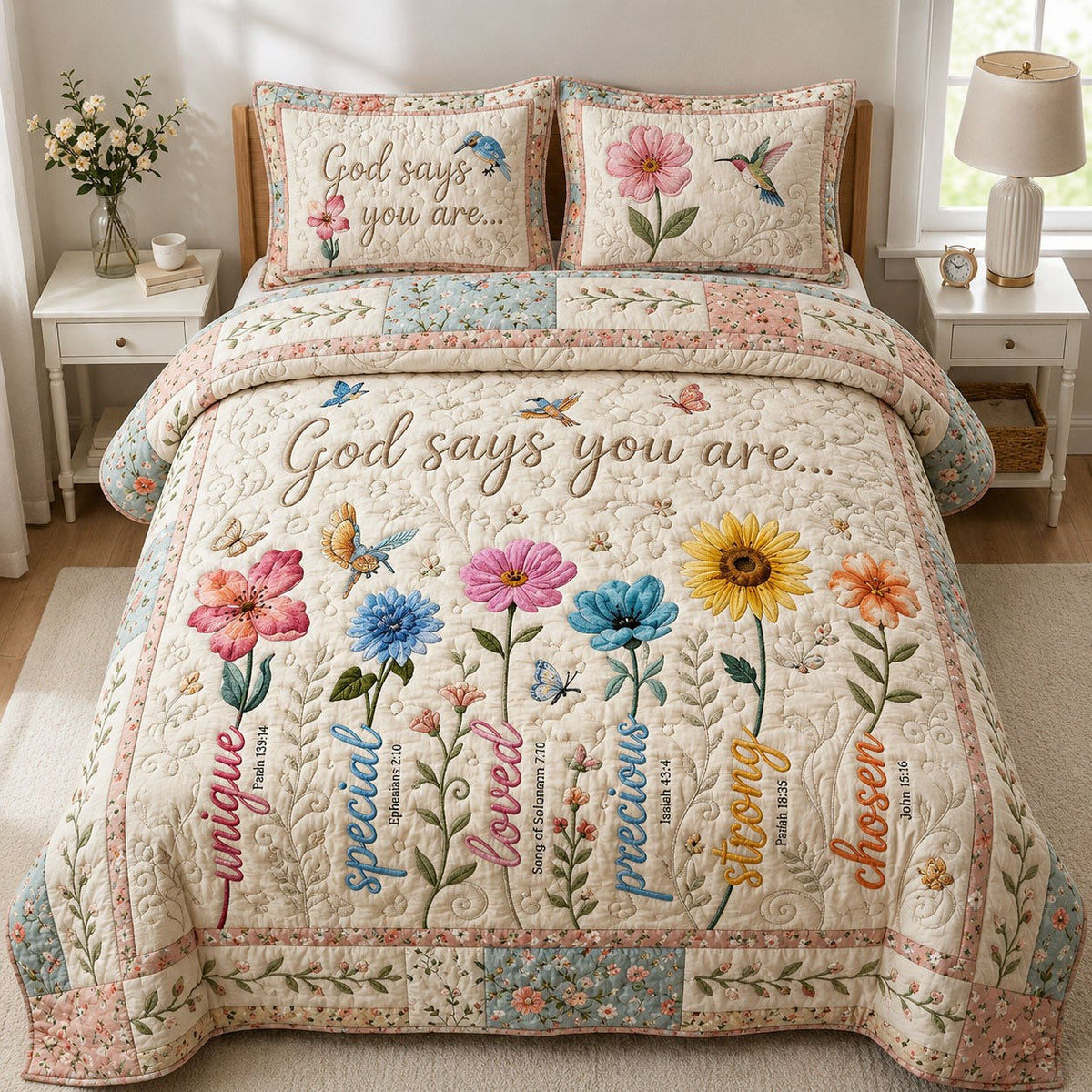 Flower Bible Verses quilted 3-piece bedding set on a made bed in a softly lit bedroom