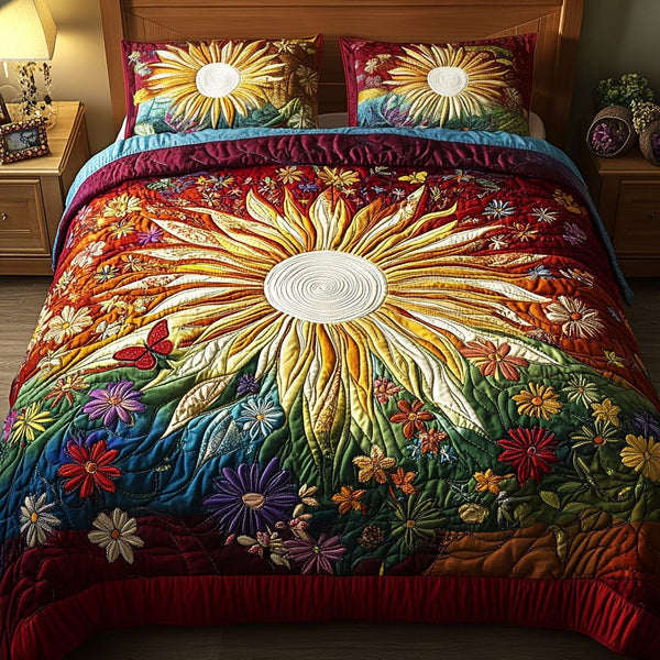 Flower Burst quilted 3-piece bedding set on a made bed with two matching pillow shams