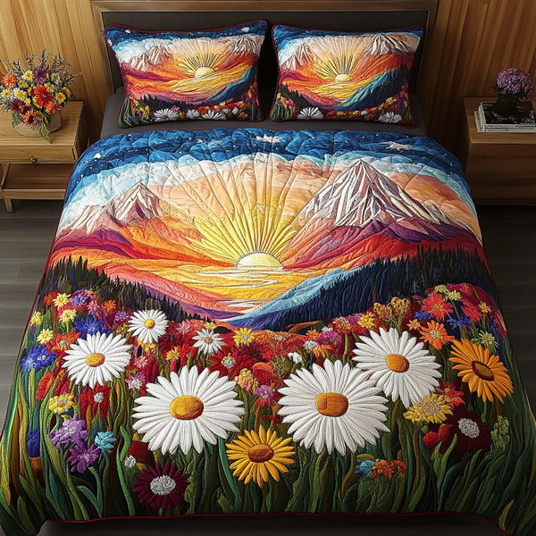 Flower Burst quilted 3-piece bedding set on a made bed with two matching pillow shams