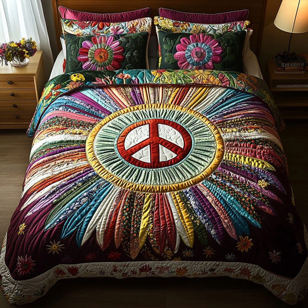 Flower Child Harmony quilted 3-piece bedding set on a made bed with two matching pillow shams