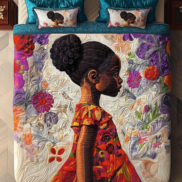 Flower Child quilted 3-piece bedding set on a made bed with two matching pillow shams