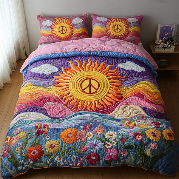 Flower Child quilted 3-piece bedding set on a made bed with two matching pillow shams