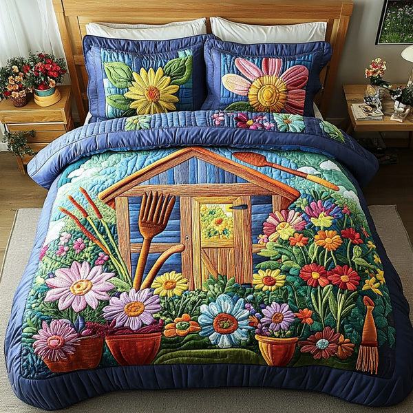 Flower Cottage quilted 3-piece bedding set on a made bed in a farmhouse bedroom