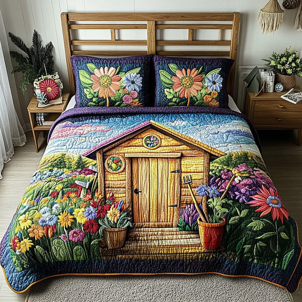Flower Cottage quilted 3-piece bedding set on a made bed in a farmhouse bedroom