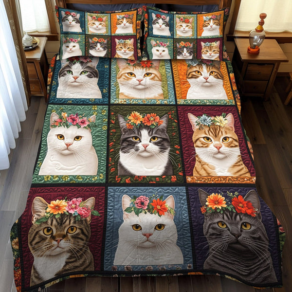 Flower Crown Felines quilted 3-piece bedding set on a made bed with two matching pillow shams