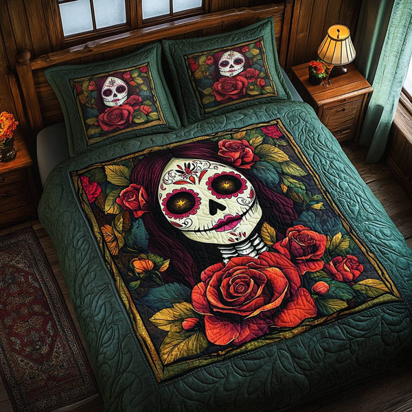 Flower Crown Skull quilted 3-piece bedding set on a made bed against a dark styled interior