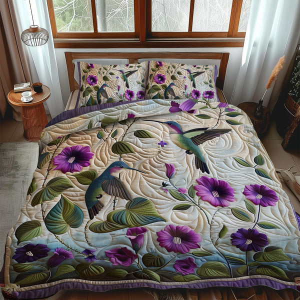 Flower Dance quilted 3-piece bedding set on a made bed with two matching pillow shams