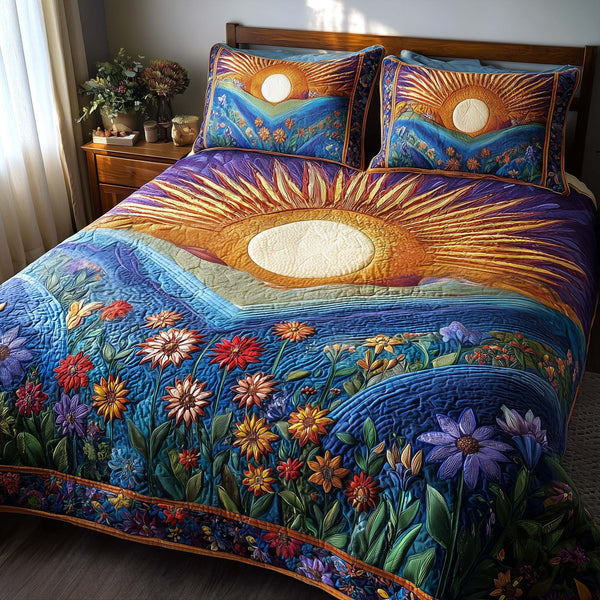 Flower Drift quilted 3-piece bedding set on a made bed with two matching pillow shams