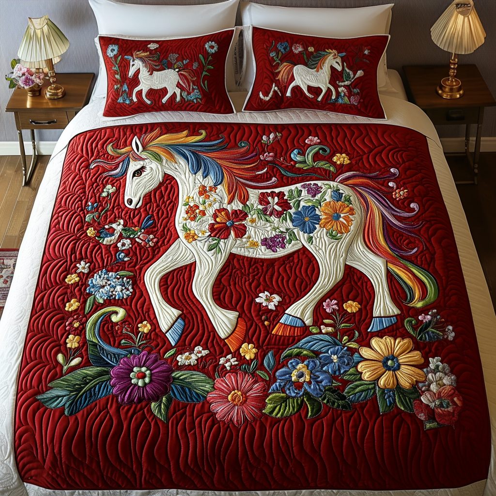 Flower Fields quilted 3-piece bedding set on a made bed with two matching pillow shams