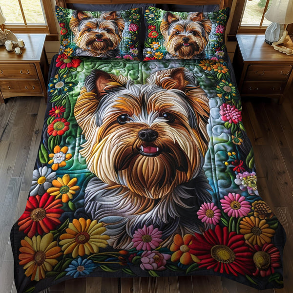 Flower Frame quilted 3-piece bedding set on a made bed with two matching pillow shams