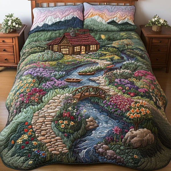 Flower Garden Charm quilted 3-piece bedding set on a made bed with two matching pillow shams
