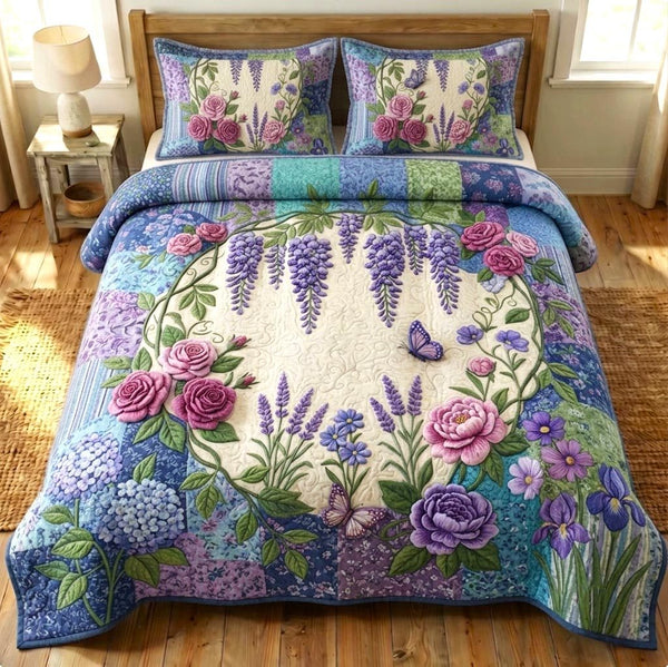Flower Garden quilted 3-piece bedding set on a made bed with two matching pillow shams