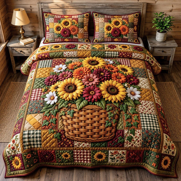 Flower Garden quilted 3-piece bedding set on a made bed with two matching pillow shams