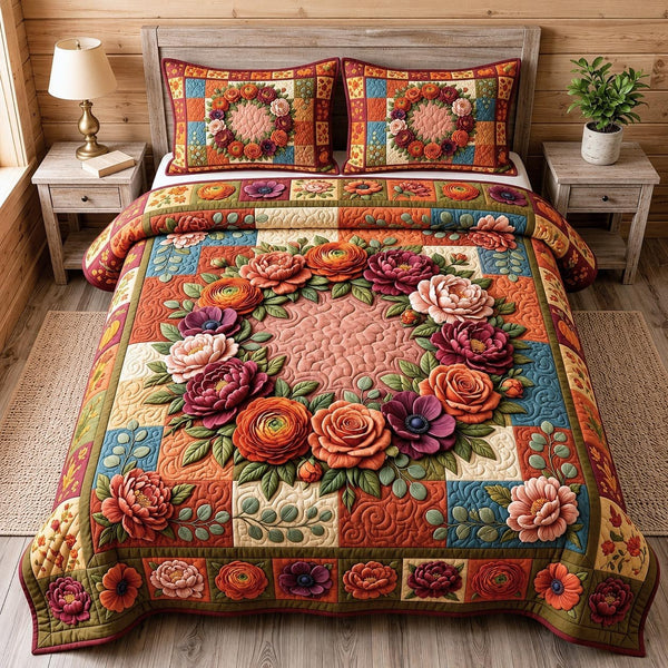 Flower Garden quilted 3-piece bedding set on a made bed with two matching pillow shams