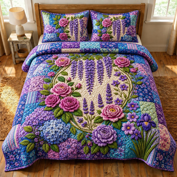 Flower Garden quilted 3-piece bedding set on a made bed with two matching pillow shams