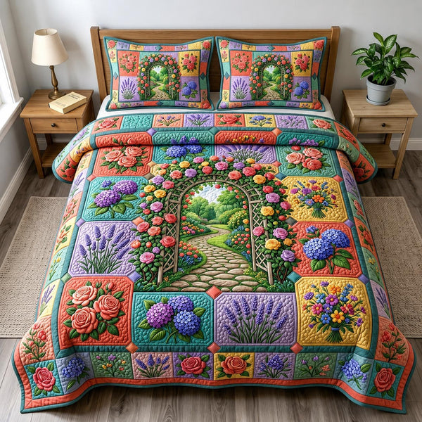 Flower Garden quilted 3-piece bedding set on a made bed with two matching pillow shams