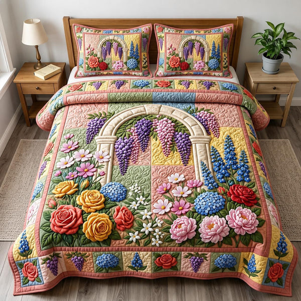 Flower Garden quilted 3-piece bedding set on a made bed with two matching pillow shams