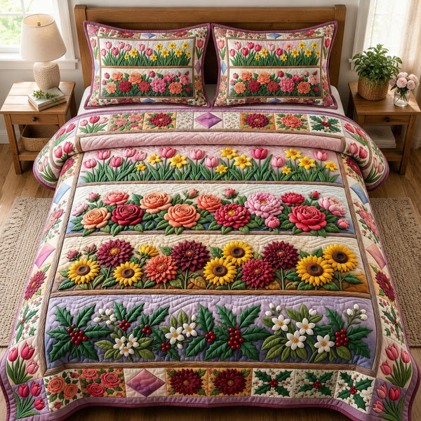 Flower Garden quilted 3-piece bedding set on a made bed with two matching pillow shams